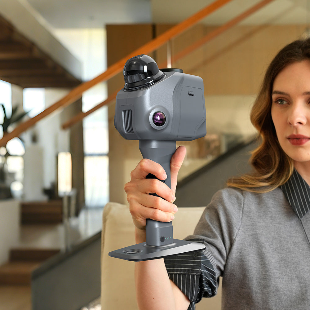 Raven handheld LiDAR spatial scanner with 360° camera dome, used for 3D space scanning