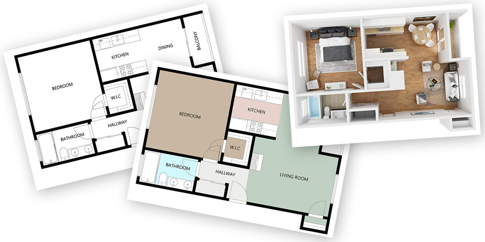 Three floor plan styles side by side: 2D line drawing, 2D colored layout, and 3D perspective floor plan