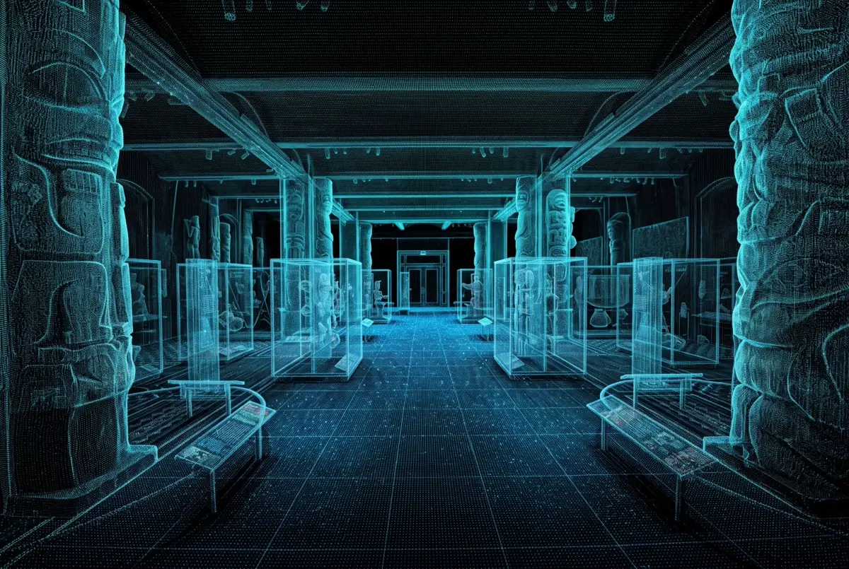 LiDAR point cloud of a museum gallery showing carved columns, display cases, and the exhibit hall in precise 3D