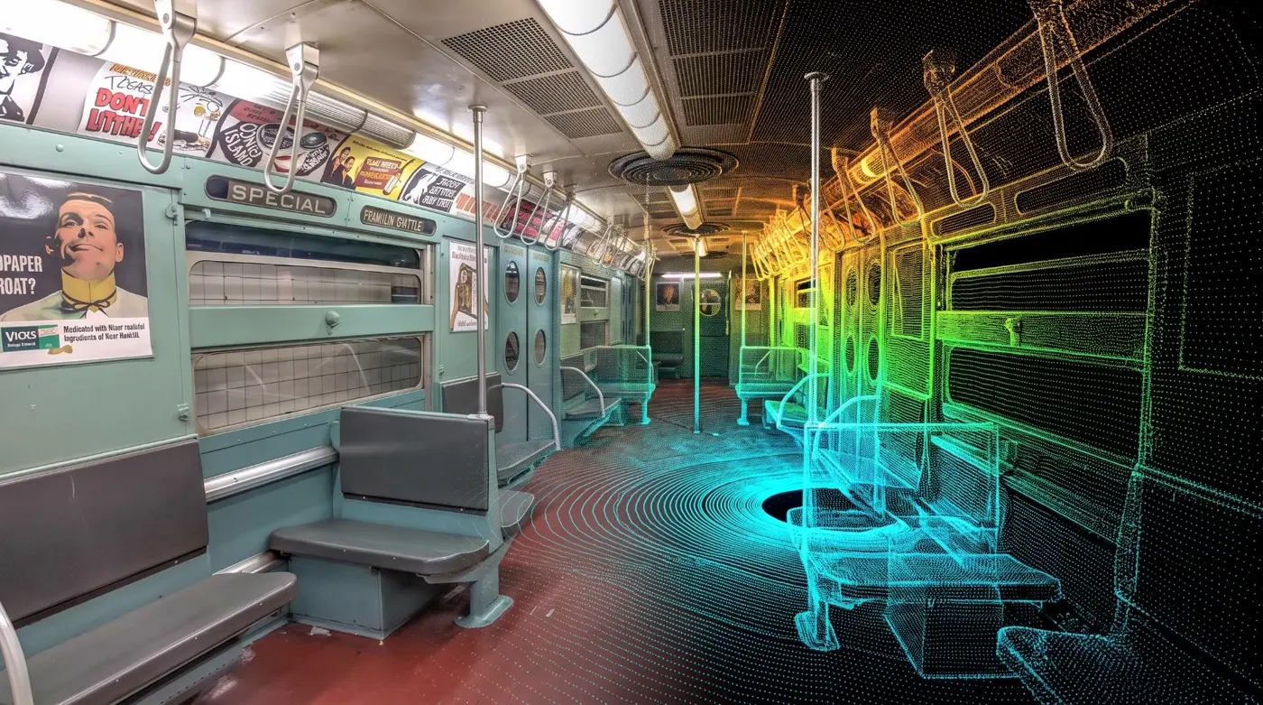 Vintage New York subway car shown as an original photo on the left blending into a color depth-mapped LiDAR point cloud on the right