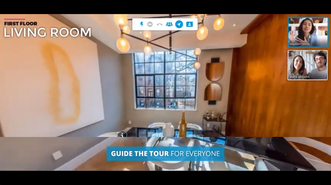 Live guided virtual tour interface showing a host walking clients through a NYC living room with video call participants visible